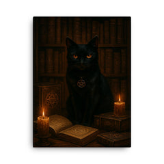 Black cat occult librarian among forbidden grimoires canvas print on a plain backdrop in size 18"x24".