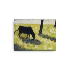 Black Cow in a Meadow by Georges Seurat canvas print on a plain backdrop in size 12"x16".
