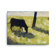 Black Cow in a Meadow by Georges Seurat canvas print on a plain backdrop in size 16"x20".