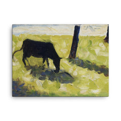 Black Cow in a Meadow by Georges Seurat canvas print on a plain backdrop in size 18"x24".
