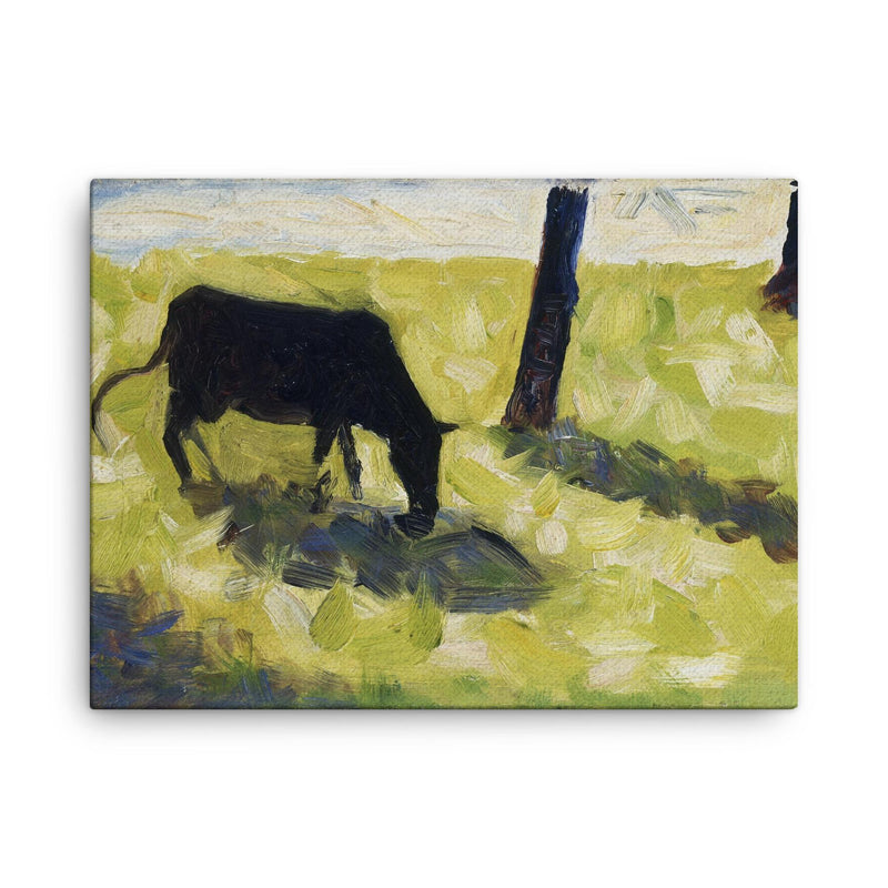 Black Cow in a Meadow by Georges Seurat canvas print on a plain backdrop in size 18