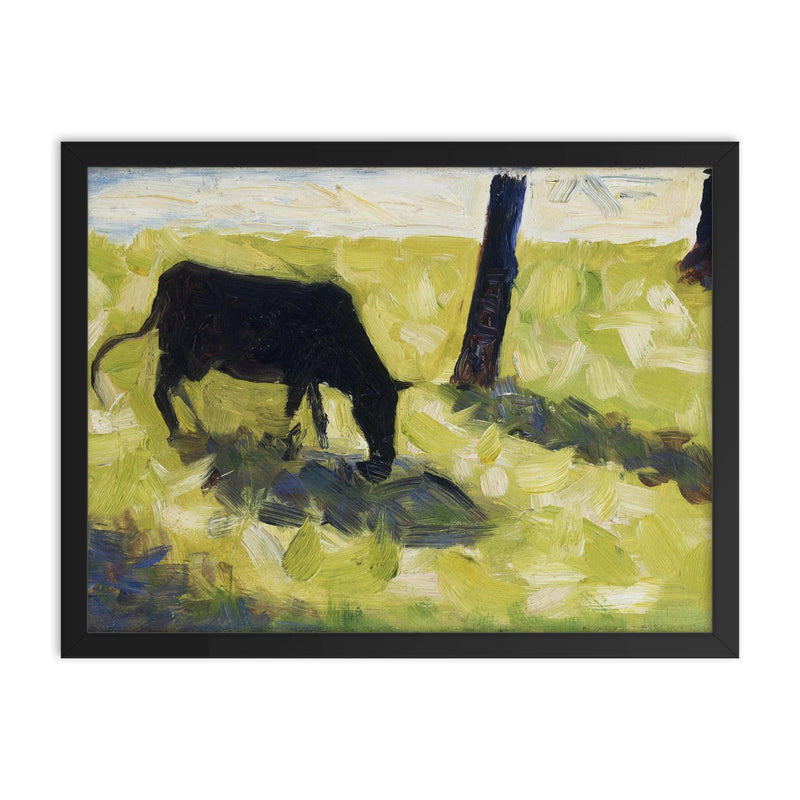 Black Cow in a Meadow by Georges Seurat framed print on a plain backdrop in size 18
