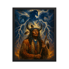 Black Elk beneath thunder beings framed print on a plain backdrop in size 16"x20".