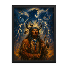 Black Elk beneath thunder beings framed print on a plain backdrop in size 18"x24".
