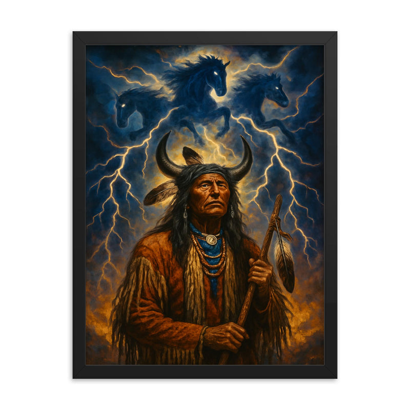 Black Elk beneath thunder beings framed print on a plain backdrop in size 18