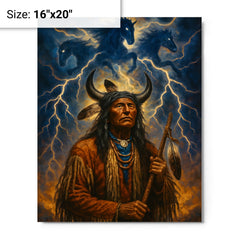 Black Elk beneath thunder beings metal print on a plain backdrop in size 16"x20".