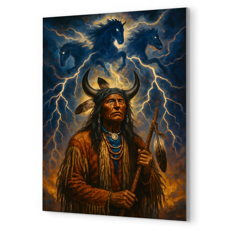 Black Elk beneath thunder beings metal print mockup