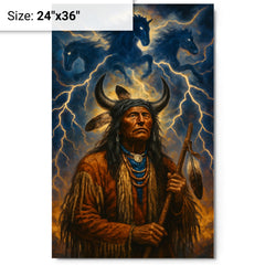 Black Elk beneath thunder beings metal print on a plain backdrop in size 24"x36".