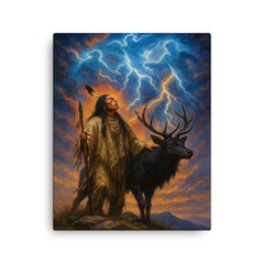 Black Elk on sacred hill with thunder beings canvas print on a plain backdrop in size 16"x20".