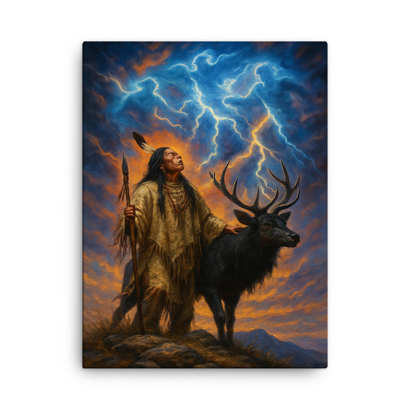 Black Elk on sacred hill with thunder beings canvas print on a plain backdrop in size 18