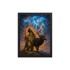 Black Elk on sacred hill with thunder beings framed print on a plain backdrop in size 12"x16".