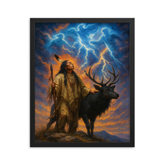 Black Elk on sacred hill with thunder beings framed print on a plain backdrop in size 16"x20".
