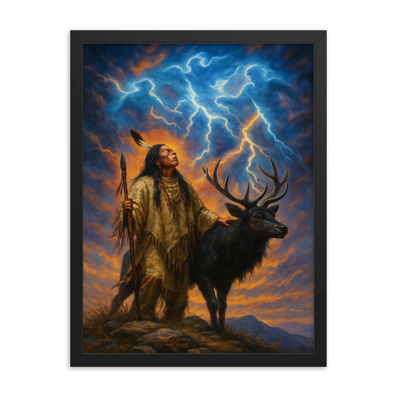 Black Elk on sacred hill with thunder beings framed print on a plain backdrop in size 18