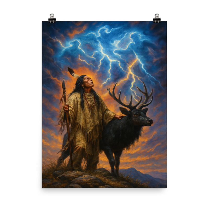 Black Elk on sacred hill with thunder beings poster on a plain backdrop in size 8