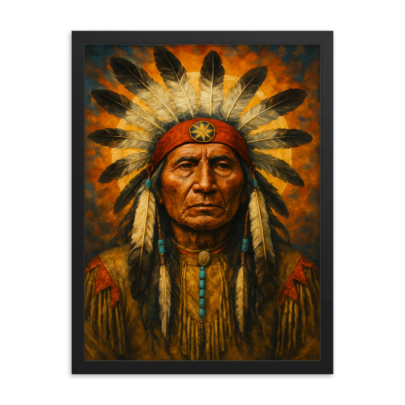 Black Elk spiritual leader framed print on a plain backdrop in size 18