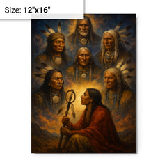 Black Elk vision of the six grandfathers metal print on a plain backdrop in size 12"x16".