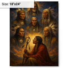 Black Elk vision of the six grandfathers metal print on a plain backdrop in size 18"x24".