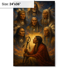 Black Elk vision of the six grandfathers metal print on a plain backdrop in size 24"x36".