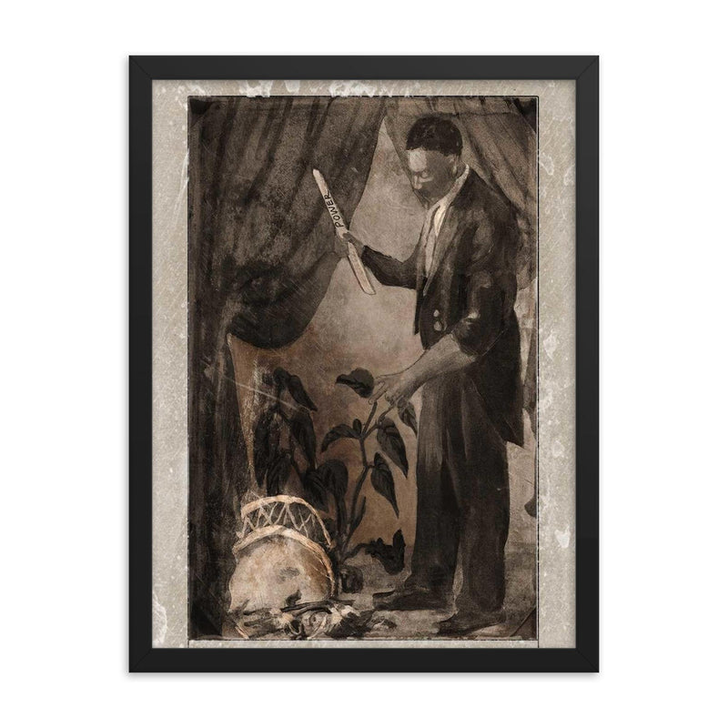 Black Herman framed print on a plain backdrop in size 18