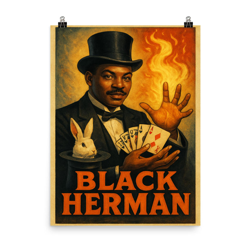 Black Herman poster on a plain backdrop in size 8