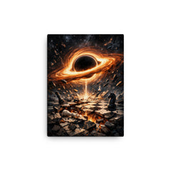 Black hole accretion disk over shattered chessboard canvas print on a plain backdrop in size 12"x16".