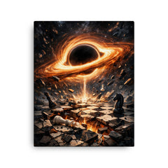 Black hole accretion disk over shattered chessboard canvas print on a plain backdrop in size 16"x20".