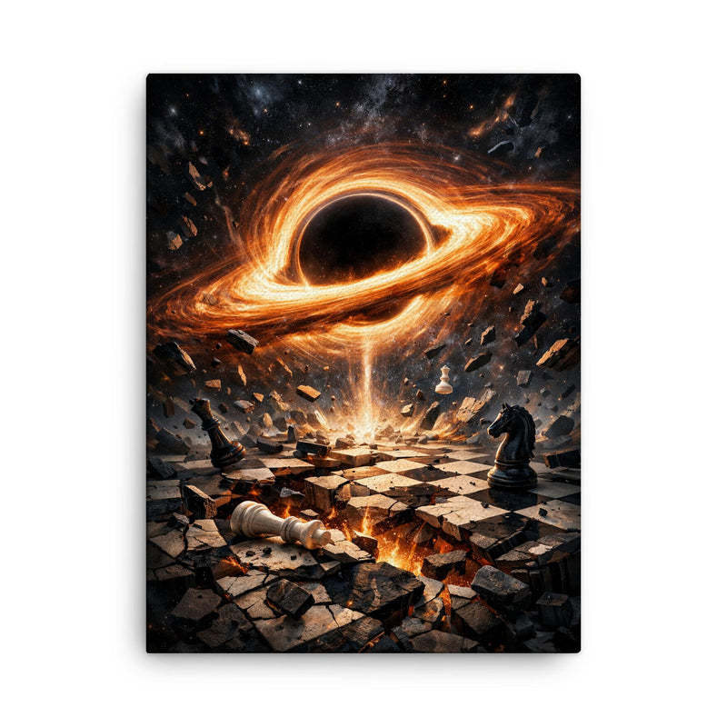 Black hole accretion disk over shattered chessboard canvas print on a plain backdrop in size 18