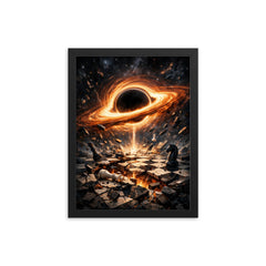 Black hole accretion disk over shattered chessboard framed print on a plain backdrop in size 12"x16".