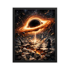 Black hole accretion disk over shattered chessboard framed print on a plain backdrop in size 16"x20".