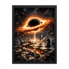 Black hole accretion disk over shattered chessboard framed print on a plain backdrop in size 18"x24".