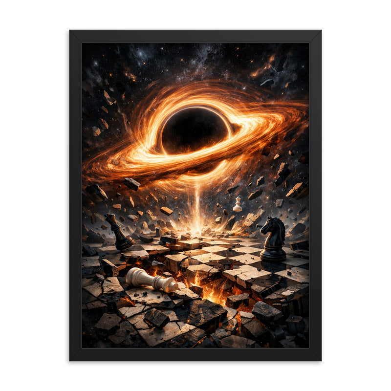 Black hole accretion disk over shattered chessboard framed print on a plain backdrop in size 18