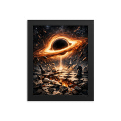 Black hole accretion disk over shattered chessboard framed print on a plain backdrop in size 8"x10".
