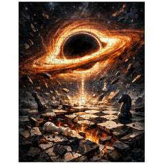 Black hole accretion disk over shattered chessboard jigsaw puzzle