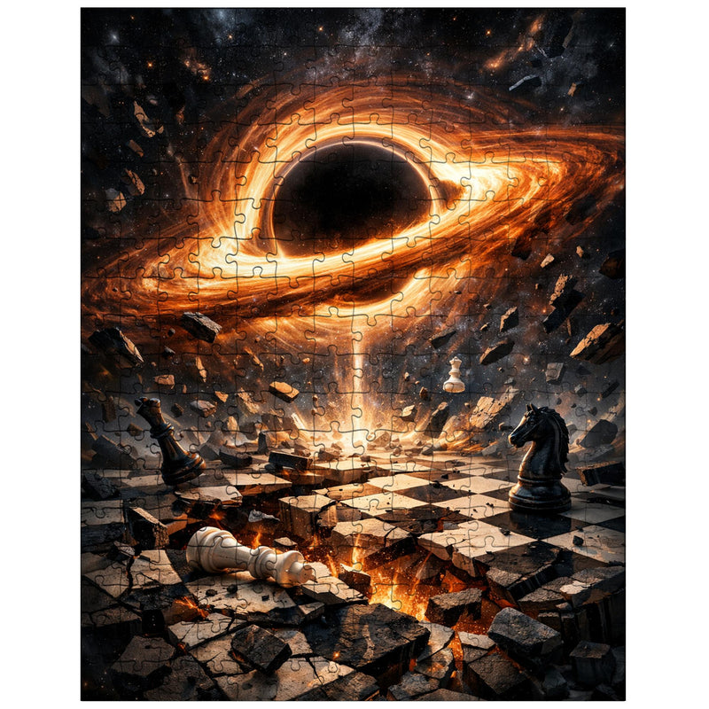 Black hole accretion disk over shattered chessboard jigsaw puzzle