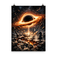 Black hole accretion disk over shattered chessboard poster on a plain backdrop in size 8"x10".
