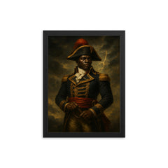 Black Jacobin Toussaint Louverture in storm lit military portrait framed print on a plain backdrop in size 12"x16".
