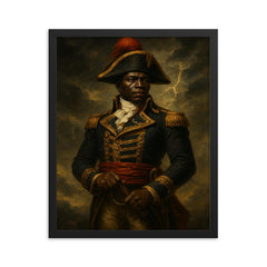 Black Jacobin Toussaint Louverture in storm lit military portrait framed print on a plain backdrop in size 16"x20".