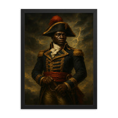 Black Jacobin Toussaint Louverture in storm lit military portrait framed print on a plain backdrop in size 18"x24".