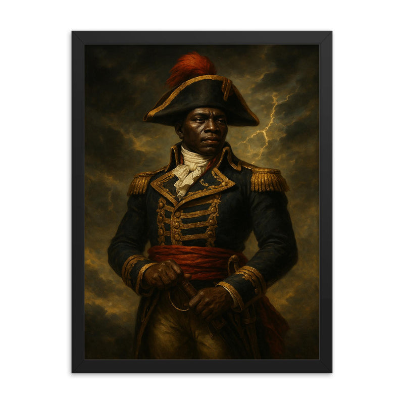Black Jacobin Toussaint Louverture in storm lit military portrait framed print on a plain backdrop in size 18