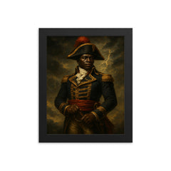 Black Jacobin Toussaint Louverture in storm lit military portrait framed print on a plain backdrop in size 8"x10".