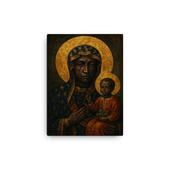 Black Madonna of Częstochowa with battle scars canvas print on a plain backdrop in size 12"x16".