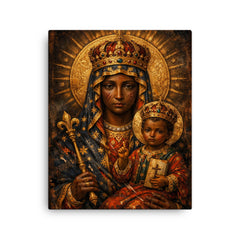Black Madonna of Częstochowa with battle scars canvas print on a plain backdrop in size 16"x20".