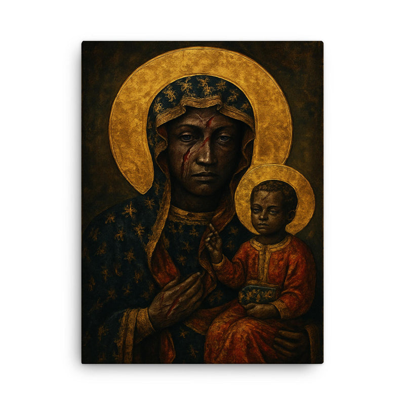 Black Madonna of Częstochowa with battle scars canvas print on a plain backdrop in size 18