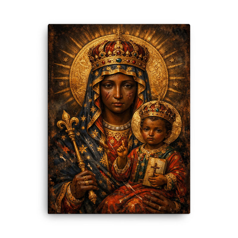 Black Madonna of Częstochowa with battle scars canvas print on a plain backdrop in size 18