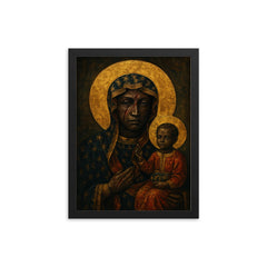 Black Madonna of Częstochowa with battle scars framed print on a plain backdrop in size 12"x16".