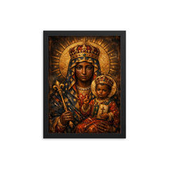 Black Madonna of Częstochowa with battle scars framed print on a plain backdrop in size 12"x16".