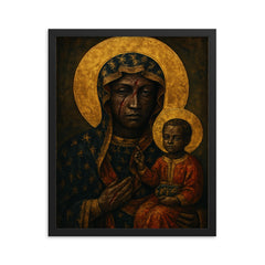 Black Madonna of Częstochowa with battle scars framed print on a plain backdrop in size 16"x20".