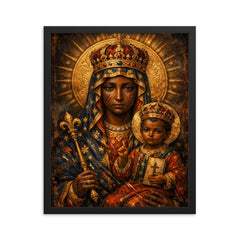 Black Madonna of Częstochowa with battle scars framed print on a plain backdrop in size 16"x20".