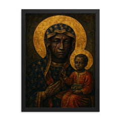 Black Madonna of Częstochowa with battle scars framed print on a plain backdrop in size 18"x24".