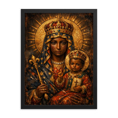 Black Madonna of Częstochowa with battle scars framed print on a plain backdrop in size 18"x24".